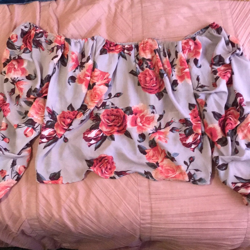 ruffled purple off the shoulder shirt